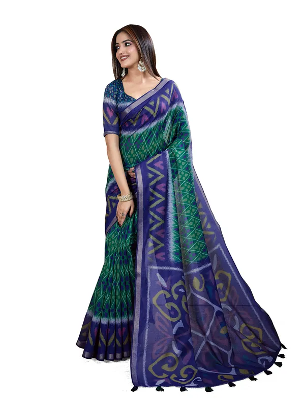 Blue_Green_Chanderi_Cotton_Geometric_Print_Saree_With_Blouse_For_Women