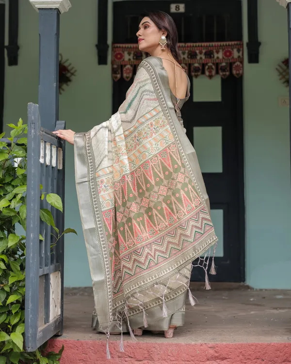 Beige_Linen_Cotton_Geometric_Print_Saree_With_Blouse_For_Women