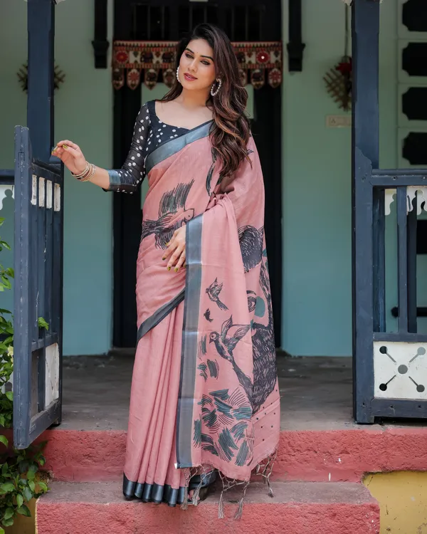Pink_Linen_Cotton_Bird_Foliage_Print_Saree_With_Blouse_For_Women