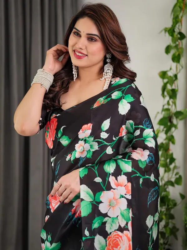 Black_Satin_Floral_Print_Saree_With_Blouse_For_Women