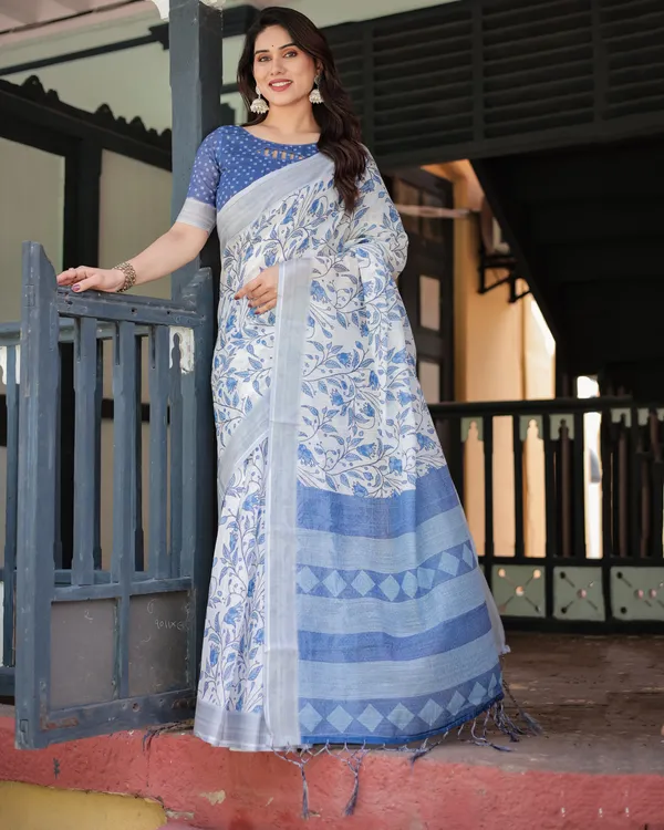 Blue_Linen_Cotton_Floral_Print_Saree_With_Blouse_For_Women