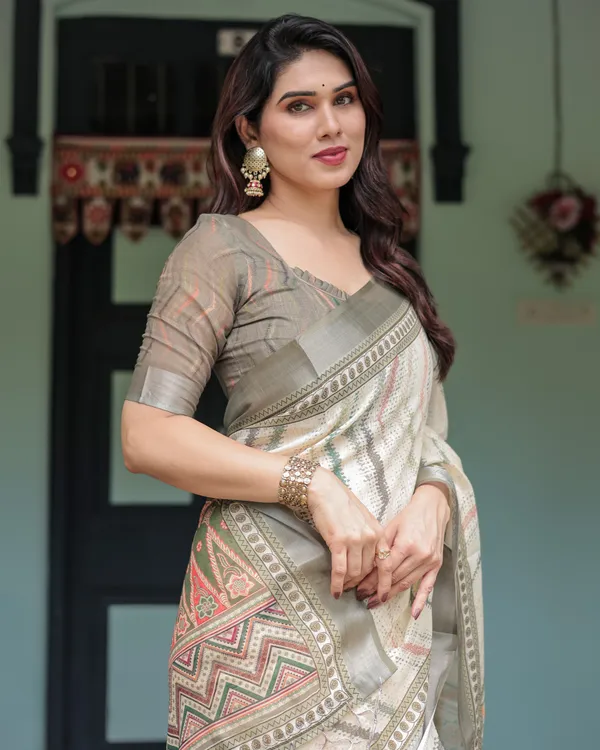 Beige_Linen_Cotton_Geometric_Print_Saree_With_Blouse_For_Women