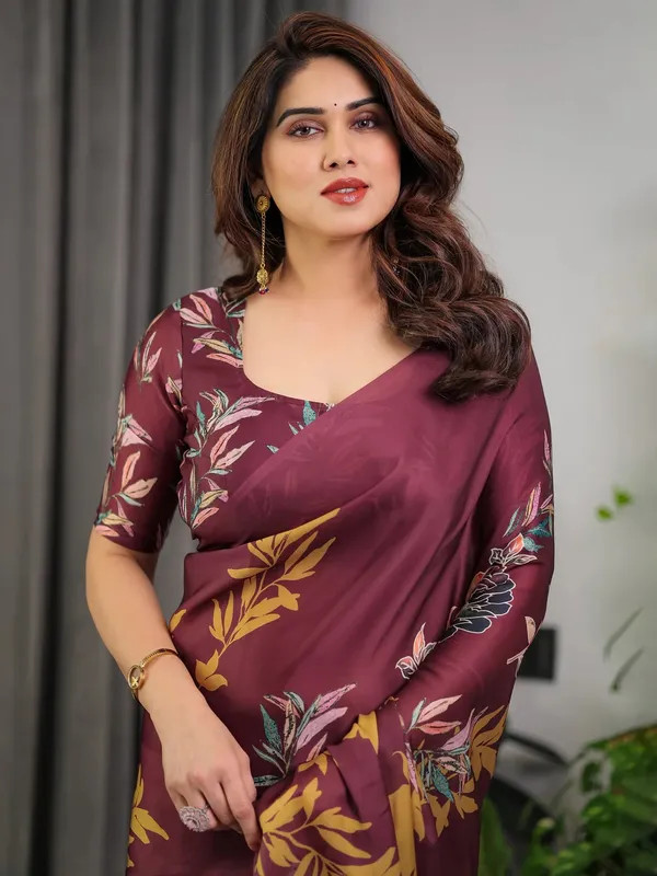 Maroon_Satin_Floral_Print_Saree_With_Blouse_For_Women