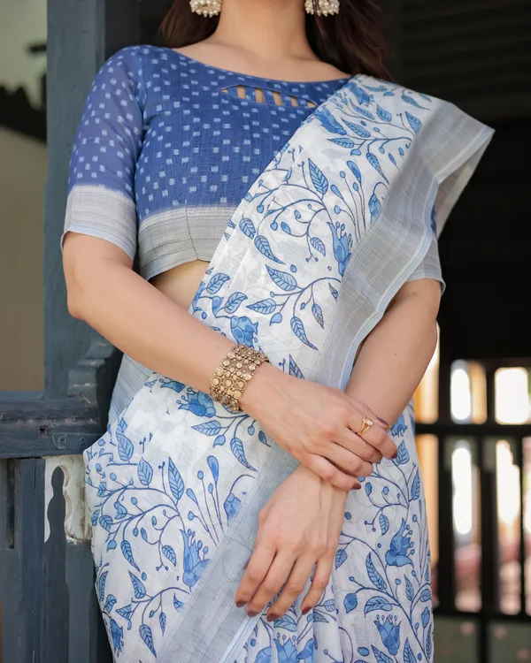 Blue_Linen_Cotton_Floral_Print_Saree_With_Blouse_For_Women