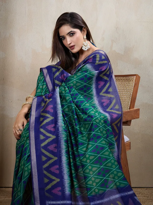 Blue_Green_Chanderi_Cotton_Geometric_Print_Saree_With_Blouse_For_Women