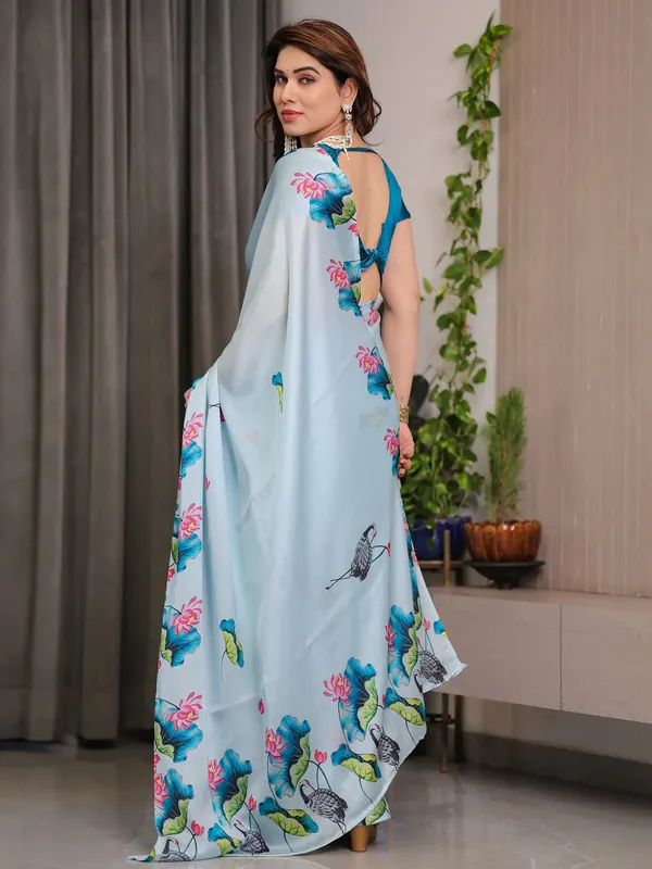 Light_Blue_Satin_Floral_Print_Saree_With_Blouse_For_Women