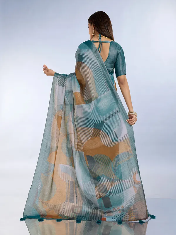 Teal_Cotton_Geometric_Print_Saree_With_Blouse_For_Women