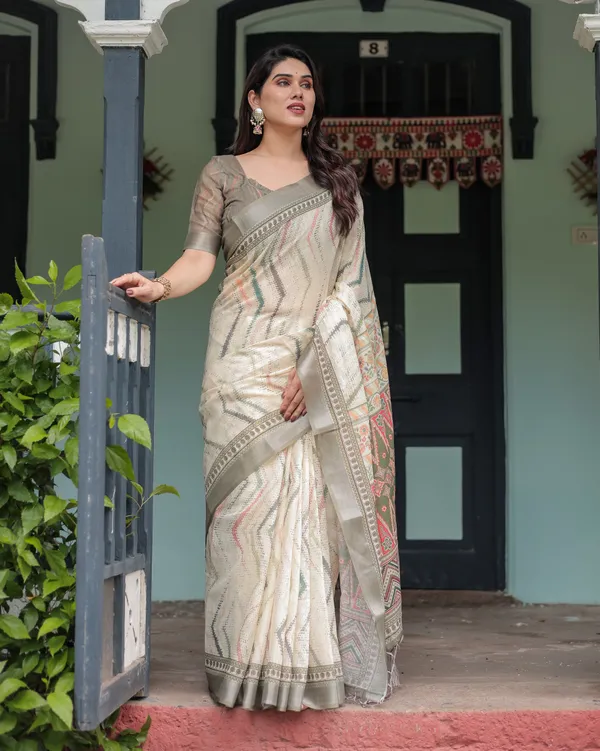 Beige_Linen_Cotton_Geometric_Print_Saree_With_Blouse_For_Women