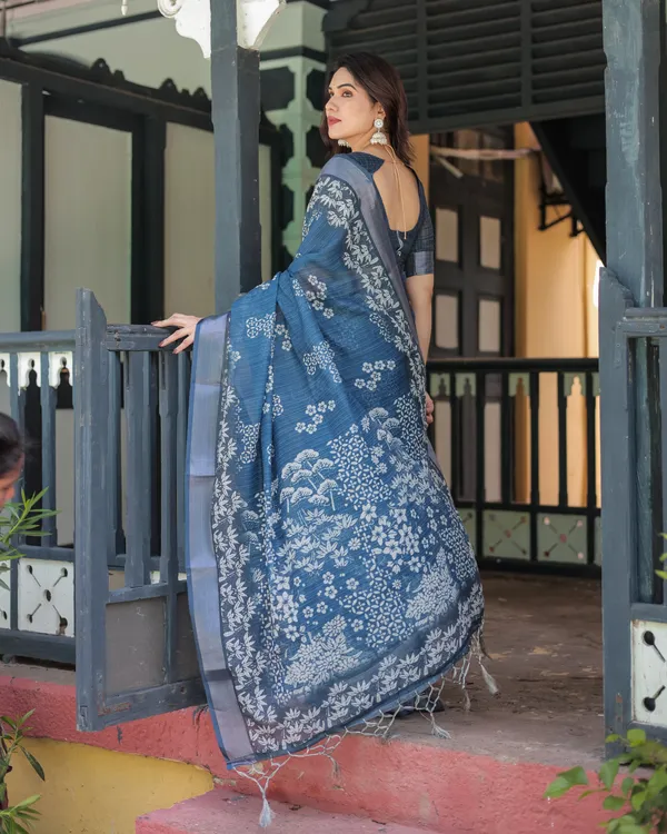 Blue_Linen_Cotton_Floral_Print_Saree_With_Blouse_For_Women