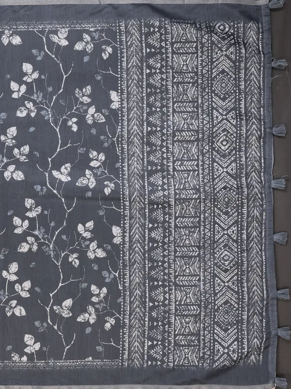 Grey_Chanderi_Cotton_Floral_Print_Saree_With_Blouse_For_Women