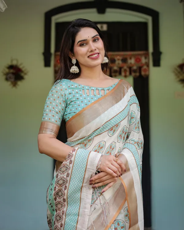 Multicolour_Linen_Cotton_Circular_Motif_Print_Saree_With_Blouse_For_Women
