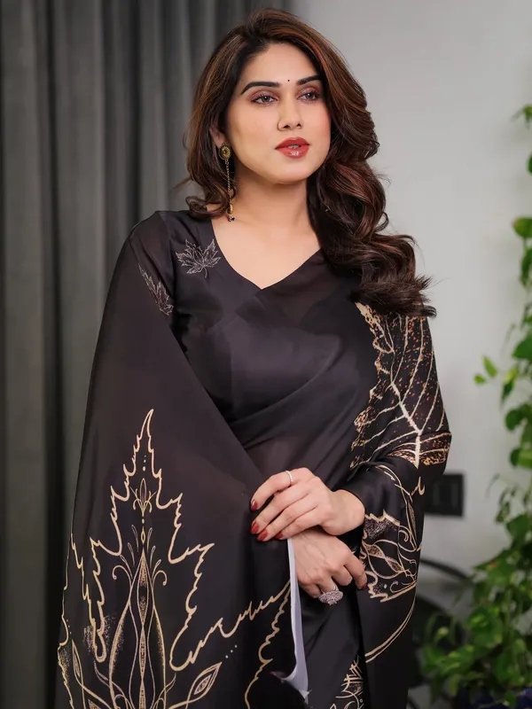 Black_Satin_Floral_Branch_Print_Saree_With_Blouse_For_Women