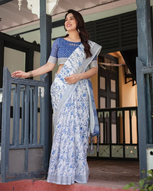 Blue_Linen_Cotton_Floral_Print_Saree_With_Blouse_For_Women