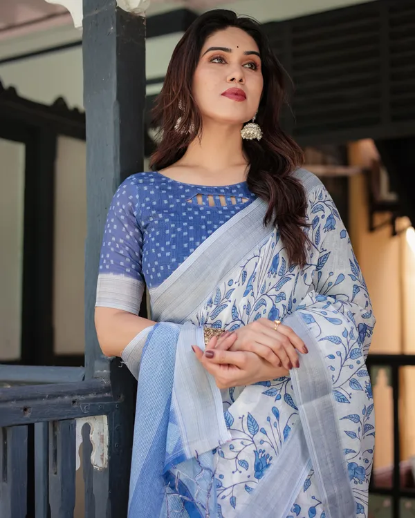 Blue_Linen_Cotton_Floral_Print_Saree_With_Blouse_For_Women