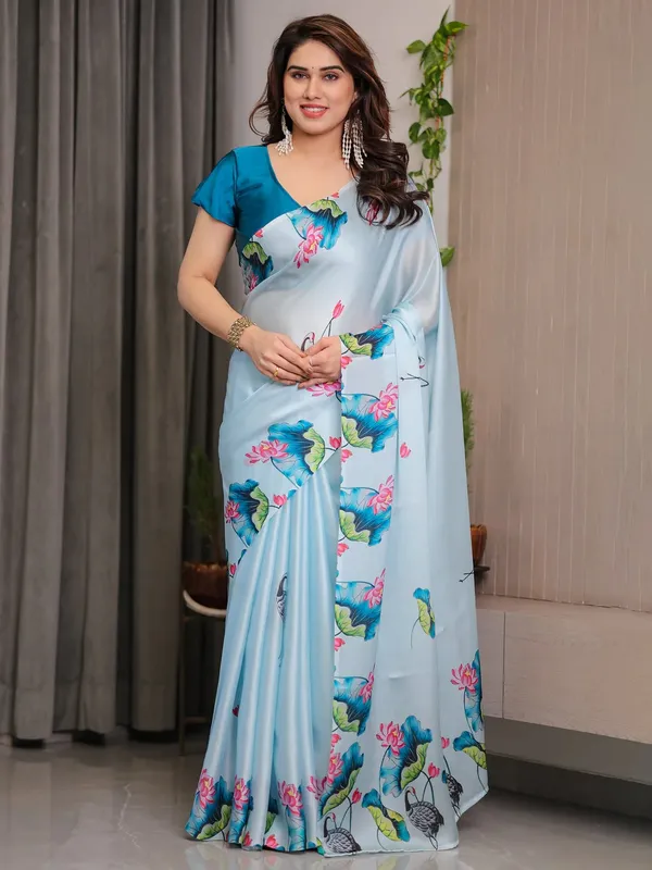 Light_Blue_Satin_Floral_Print_Saree_With_Blouse_For_Women