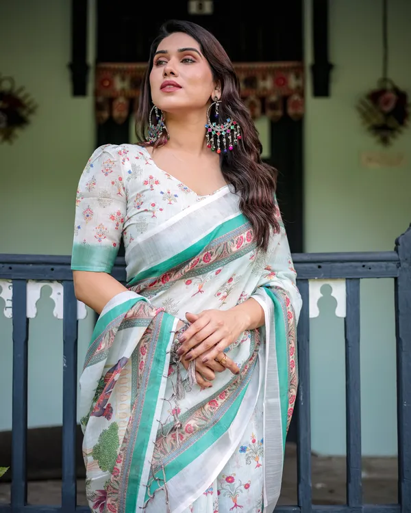 White_Linen_Cotton_Floral_Print_Saree_With_Blouse_For_Women