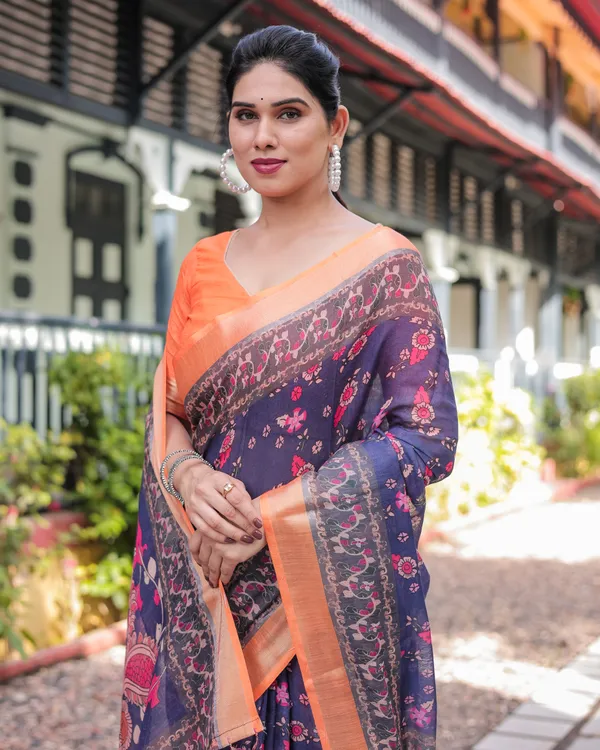 Blue_Linen_Cotton_Floral_Paisley_Print_Saree_With_Blouse_For_Women