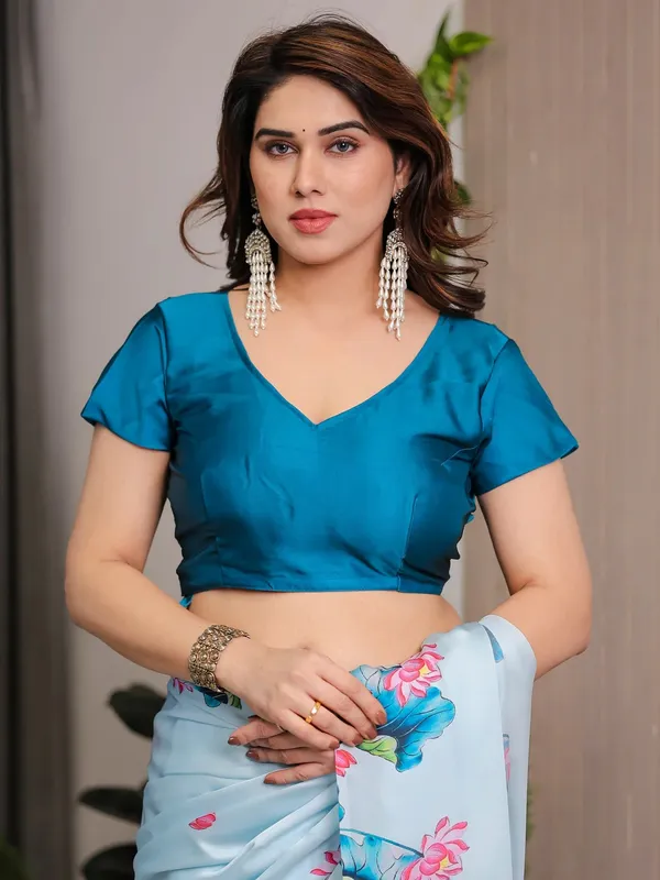 Light_Blue_Satin_Floral_Print_Saree_With_Blouse_For_Women