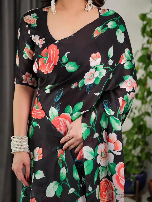 Black_Satin_Floral_Print_Saree_With_Blouse_For_Women