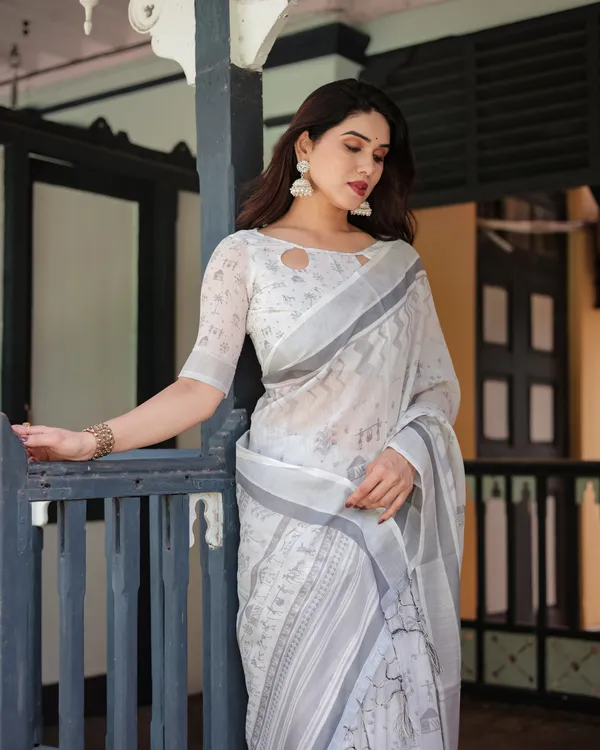 White_Linen_Cotton_Geometric_Floral_Print_Saree_With_Blouse_For_Women