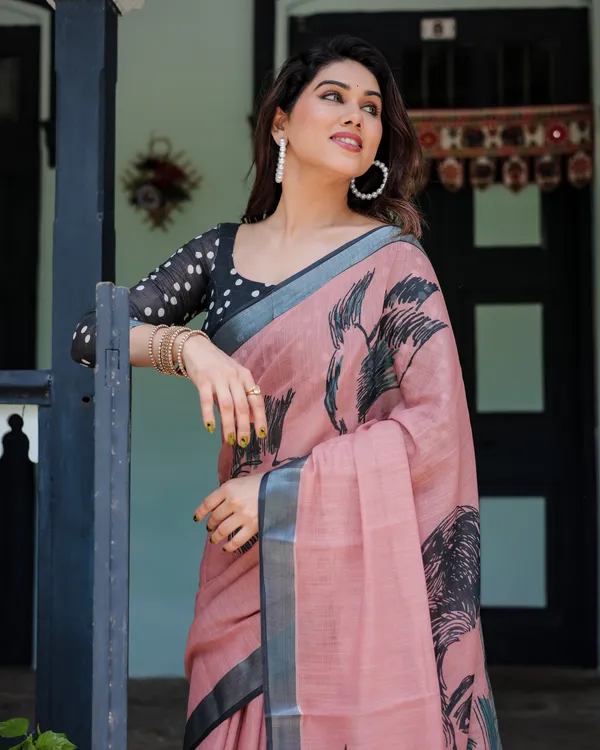 Pink_Linen_Cotton_Bird_Foliage_Print_Saree_With_Blouse_For_Women