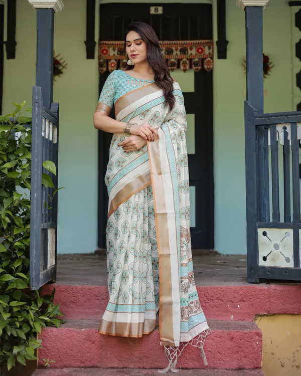 Multicolour_Linen_Cotton_Circular_Motif_Print_Saree_With_Blouse_For_Women