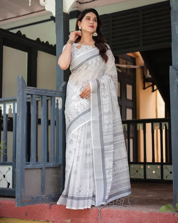 White_Linen_Cotton_Geometric_Floral_Print_Saree_With_Blouse_For_Women