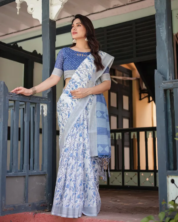 Blue_Linen_Cotton_Floral_Print_Saree_With_Blouse_For_Women