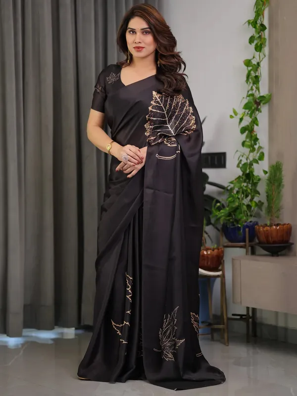 Black_Satin_Floral_Branch_Print_Saree_With_Blouse_For_Women