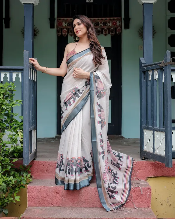 Off_White_Linen_Cotton_Printed_Saree_With_Blouse_For_Women