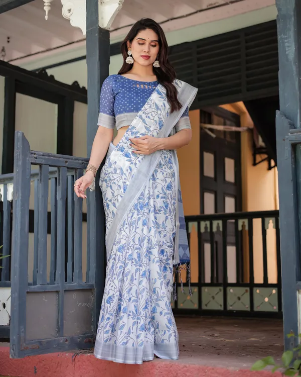Blue_Linen_Cotton_Floral_Print_Saree_With_Blouse_For_Women