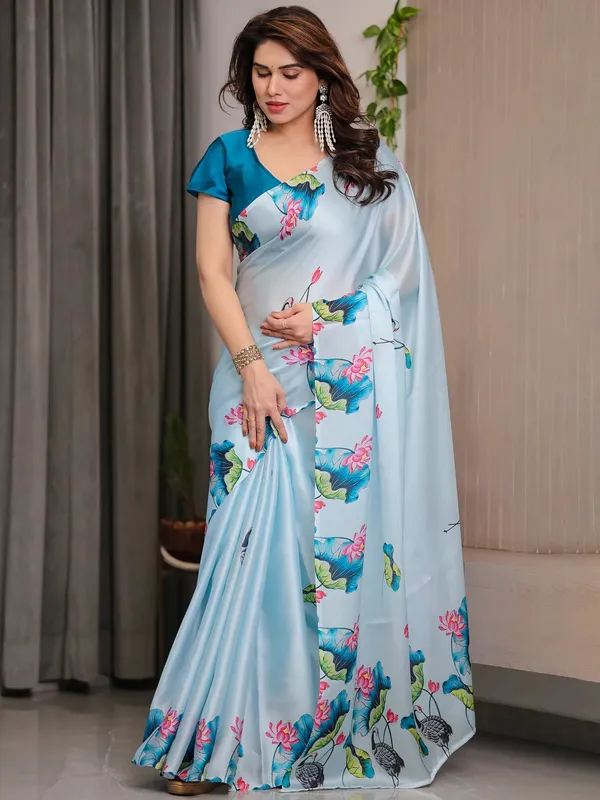 Light_Blue_Satin_Floral_Print_Saree_With_Blouse_For_Women