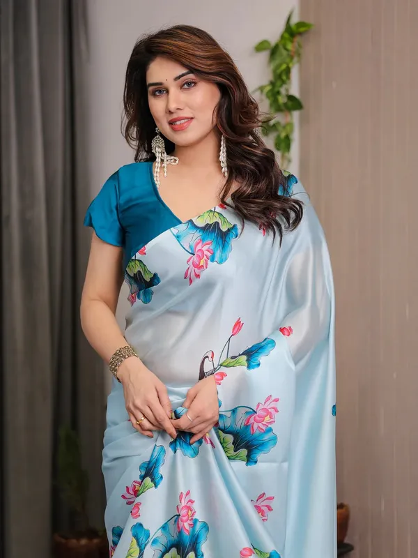Light_Blue_Satin_Floral_Print_Saree_With_Blouse_For_Women