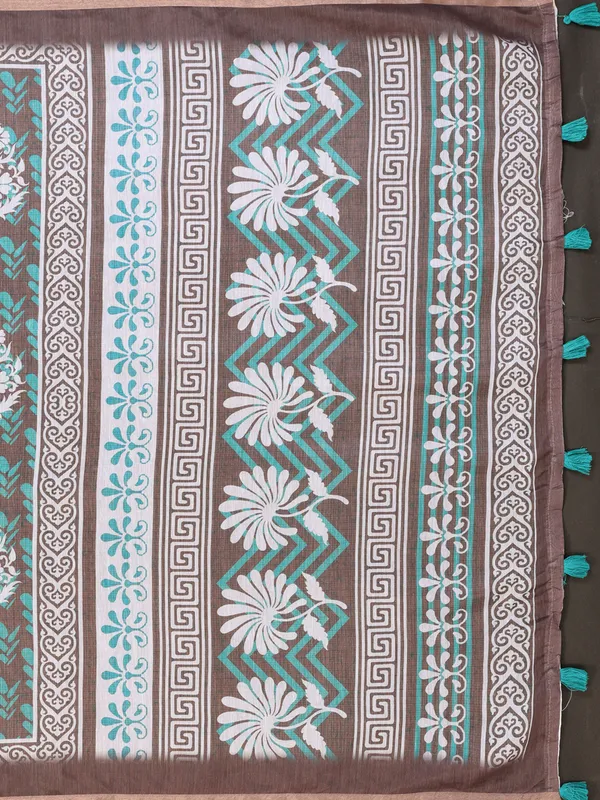 Teal_And_Brown_Chanderi_Cotton_Floral_Print_Saree_With_Blouse_For_Women