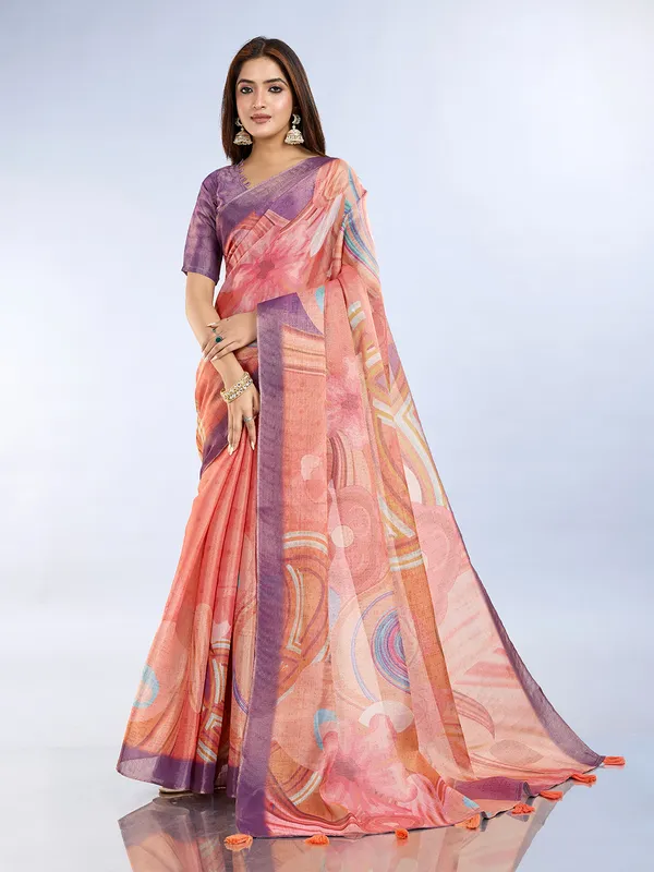 Peach_Cotton_Abstract_Multicolour_Print_Saree_With_Blouse_For_Women