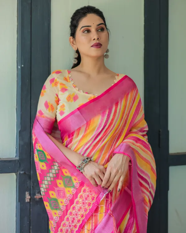 Multicolour_Linen_Cotton_Striped_Print_Saree_With_Blouse_For_Women
