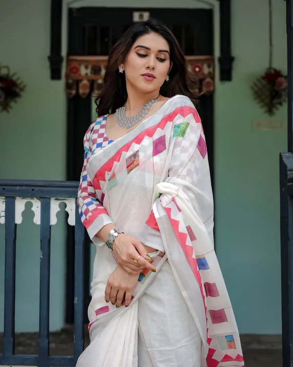 Multicolour_Linen_Cotton_Geometric_Print_Saree_With_Blouse_For_Women