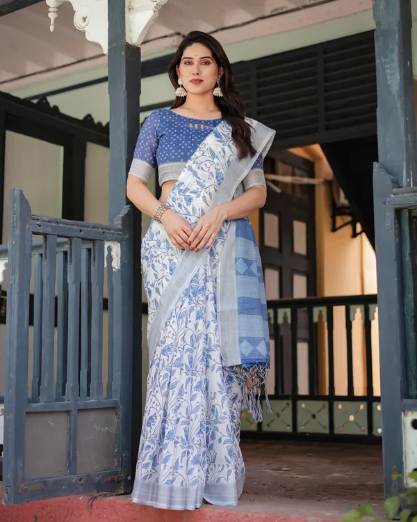 Blue_Linen_Cotton_Floral_Print_Saree_With_Blouse_For_Women