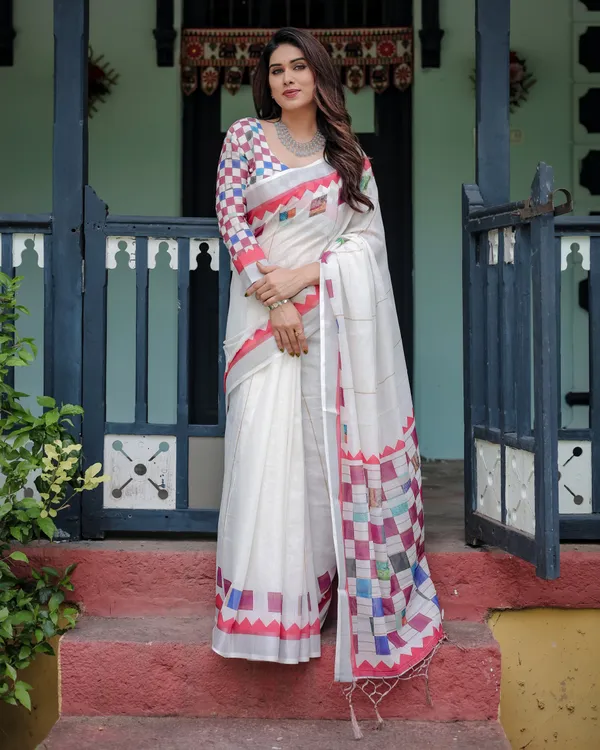 Multicolour_Linen_Cotton_Geometric_Print_Saree_With_Blouse_For_Women