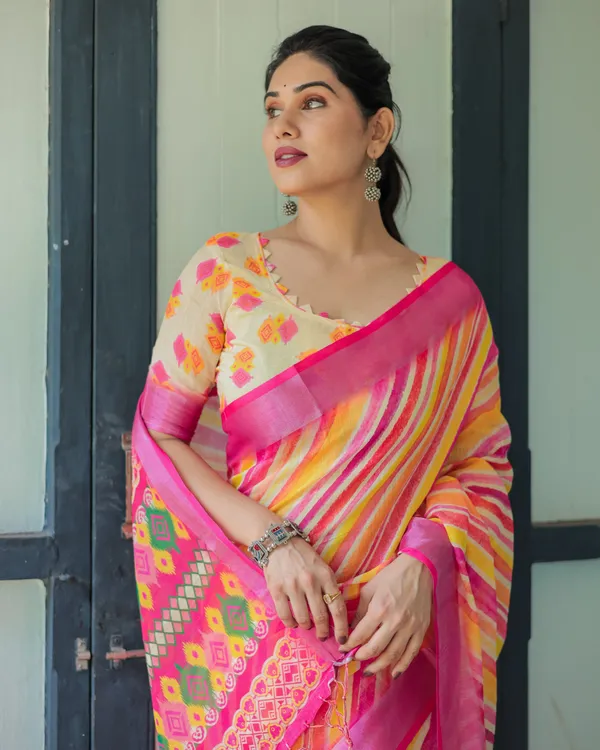 Multicolour_Linen_Cotton_Striped_Print_Saree_With_Blouse_For_Women
