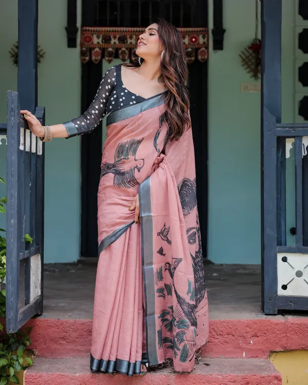Pink_Linen_Cotton_Bird_Foliage_Print_Saree_With_Blouse_For_Women