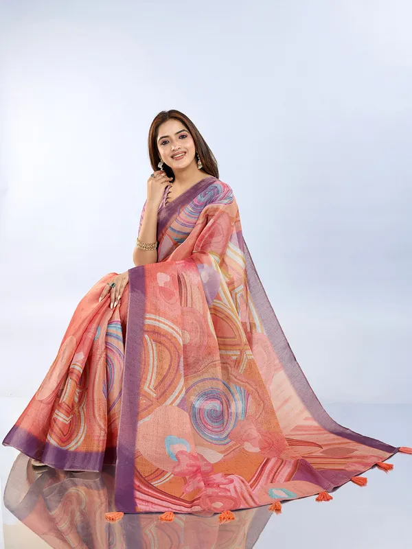 Peach_Cotton_Abstract_Geometric_Print_Saree_With_Blouse_For_Women
