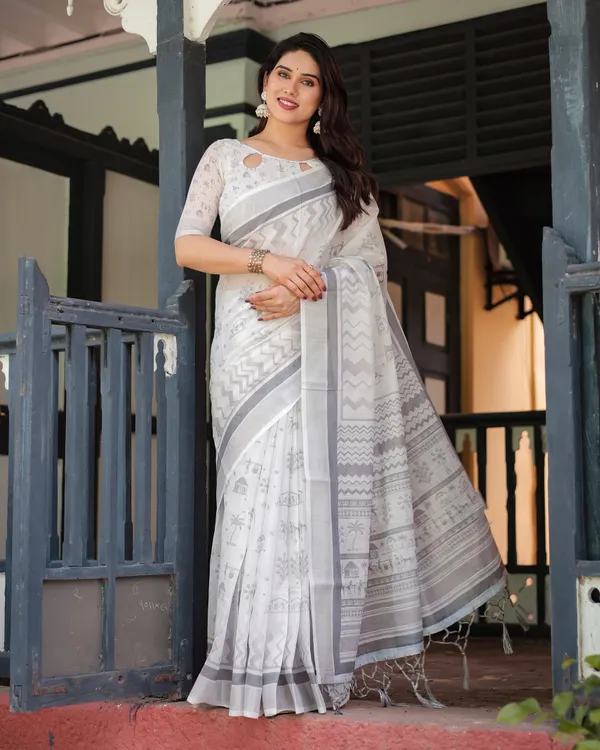 White_Linen_Cotton_Geometric_Floral_Print_Saree_With_Blouse_For_Women