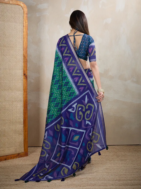 Blue_Green_Chanderi_Cotton_Geometric_Print_Saree_With_Blouse_For_Women