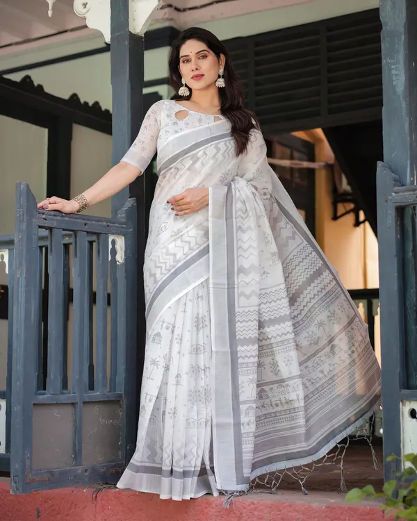 White_Linen_Cotton_Geometric_Floral_Print_Saree_With_Blouse_For_Women