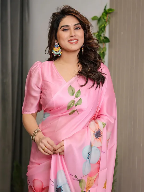 Pink_Satin_Floral_Print_Saree_With_Blouse_For_Women