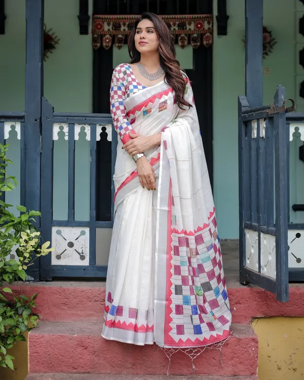 Multicolour_Linen_Cotton_Geometric_Print_Saree_With_Blouse_For_Women