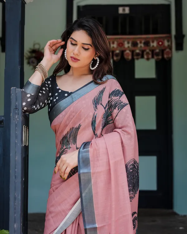 Pink_Linen_Cotton_Bird_Foliage_Print_Saree_With_Blouse_For_Women