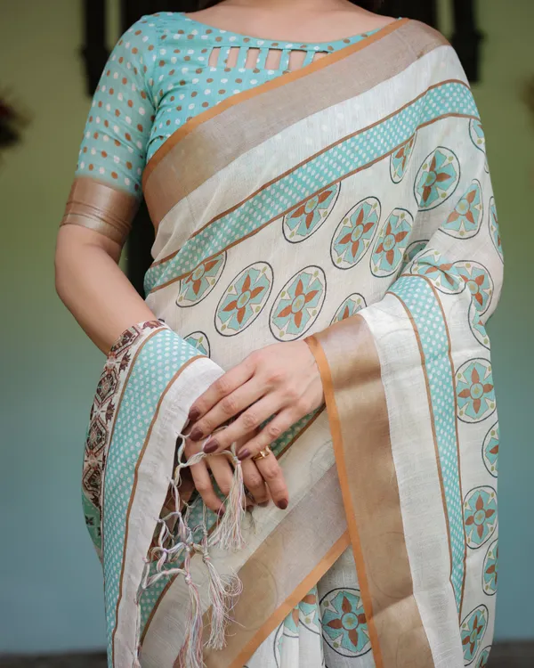 Multicolour_Linen_Cotton_Circular_Motif_Print_Saree_With_Blouse_For_Women