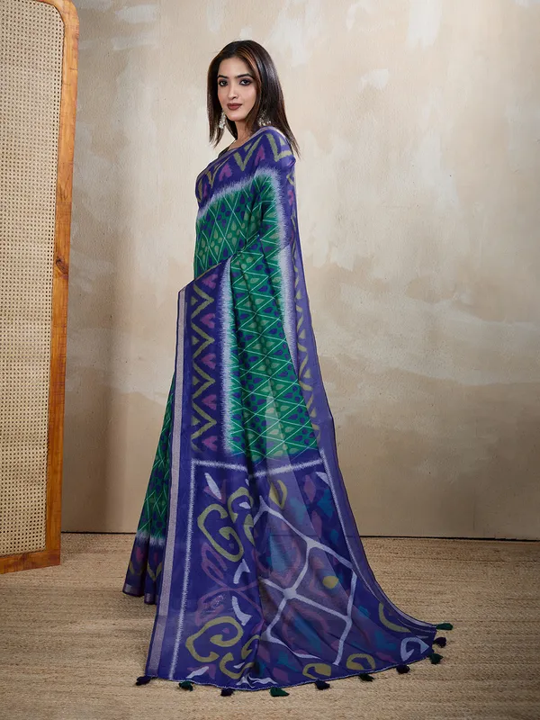 Blue_Green_Chanderi_Cotton_Geometric_Print_Saree_With_Blouse_For_Women